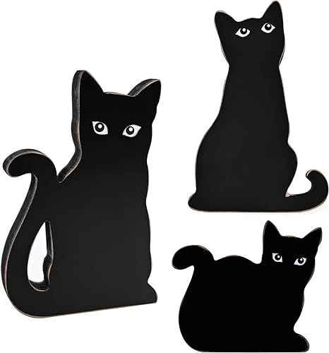MEKOUZON Wooden Black Cat Decorations, Set of 3 Fall Cats Figurines Statue Ornaments for Indoor/O... | Amazon (US)