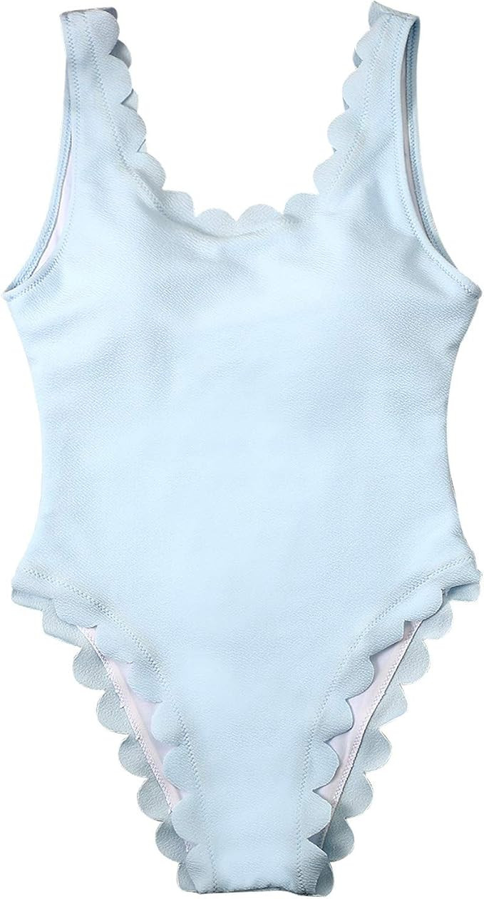 TSWRK Women's Backless One Piece Swimsuit Scallop Trim Bathing Suit,Wide Shoulder High Cut Bikini | Amazon (US)