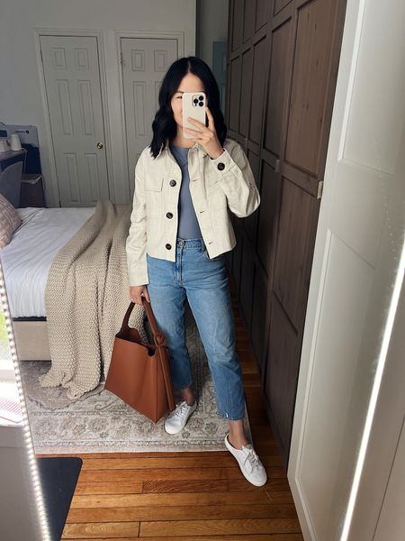 Linen jacket (XSP)
Cream jacket
Light blue tank top (XS)
High waisted jeans (28S)
High waisted mom jeans
Brown tote bag
White sneaker mules (TTS)
Smart casual outfit 
Weekend outfit
Mom outfit

#LTKstyletip #LTKsalealert #LTKSeasonal