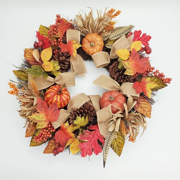 Way to Celebrate Harvest Pumpkin Maple Leaf Wreath 24" | Walmart (US)