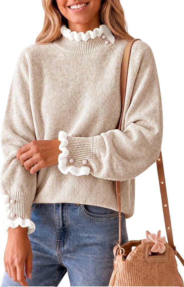 Saodimallsu Womens Mock Neck Ruffle Sweater Tops Pearl Knit Pullovers | Amazon (US)