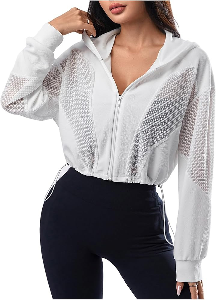 SweatyRocks Women's Activewear Long Sleeve Sheer Mesh Hooded Full Zip Sports Track Jacket | Amazon (US)