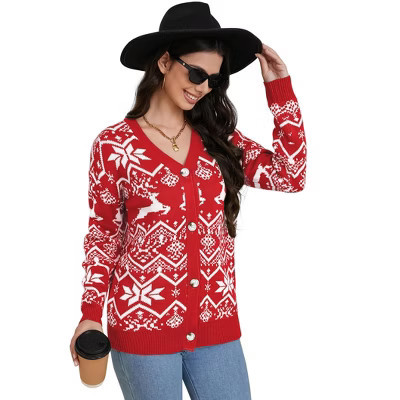 Womens Christmas Cardigan V Neck Button Down Long Sleeve Open Front Cardigan Sweaters Knitwear Red M | Target