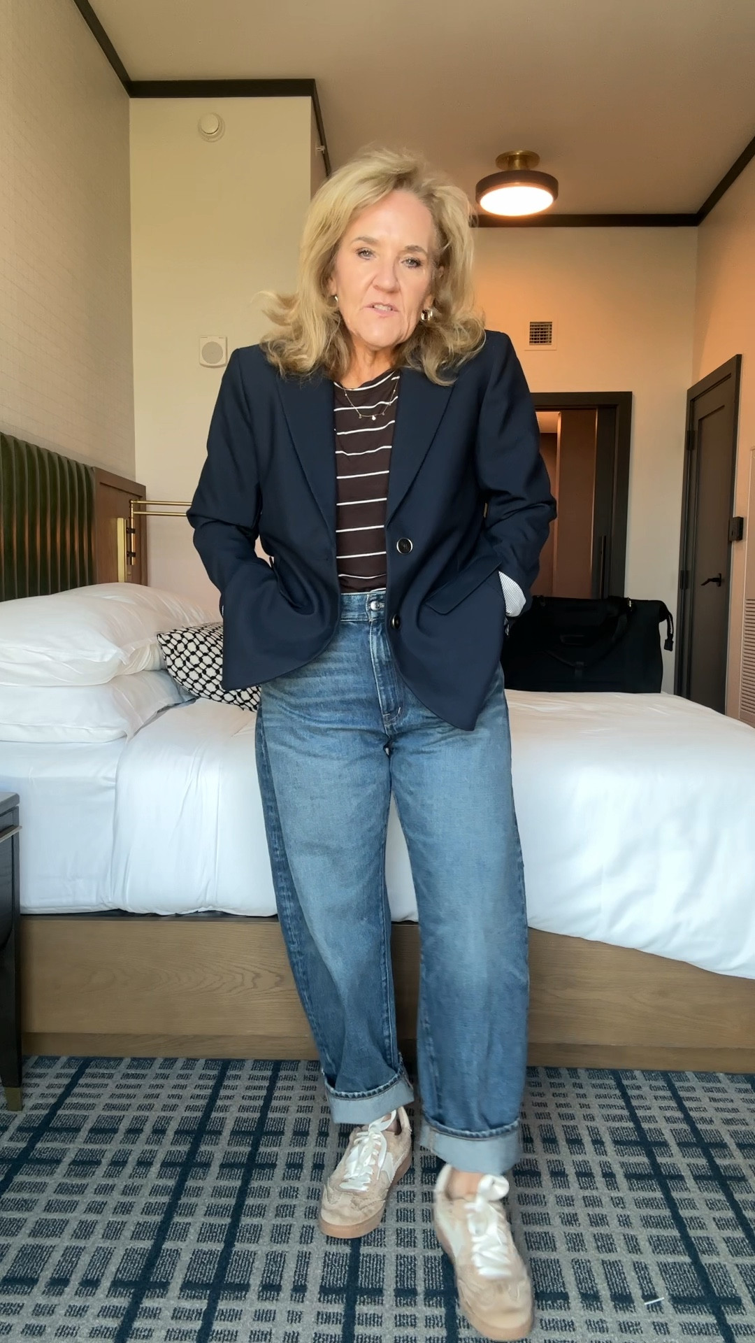 I ended up having to wear this home. And it’s pretty comfortable! I’ll be at overdressed for the warmer temps. But it was the heaviest pieces that I packed and I had to get them out of my suitcase.

Blazer size 10, petite 
Blue jeans by Madewell size 29 petite 
LOFT Tshirt size medium 
Dolce Vita notice sneakers, true size and they’re on sale
20% off on my earrings and my bracelet stack NANETTE20


#LTKOver40 #LTKTravel #LTKPetite