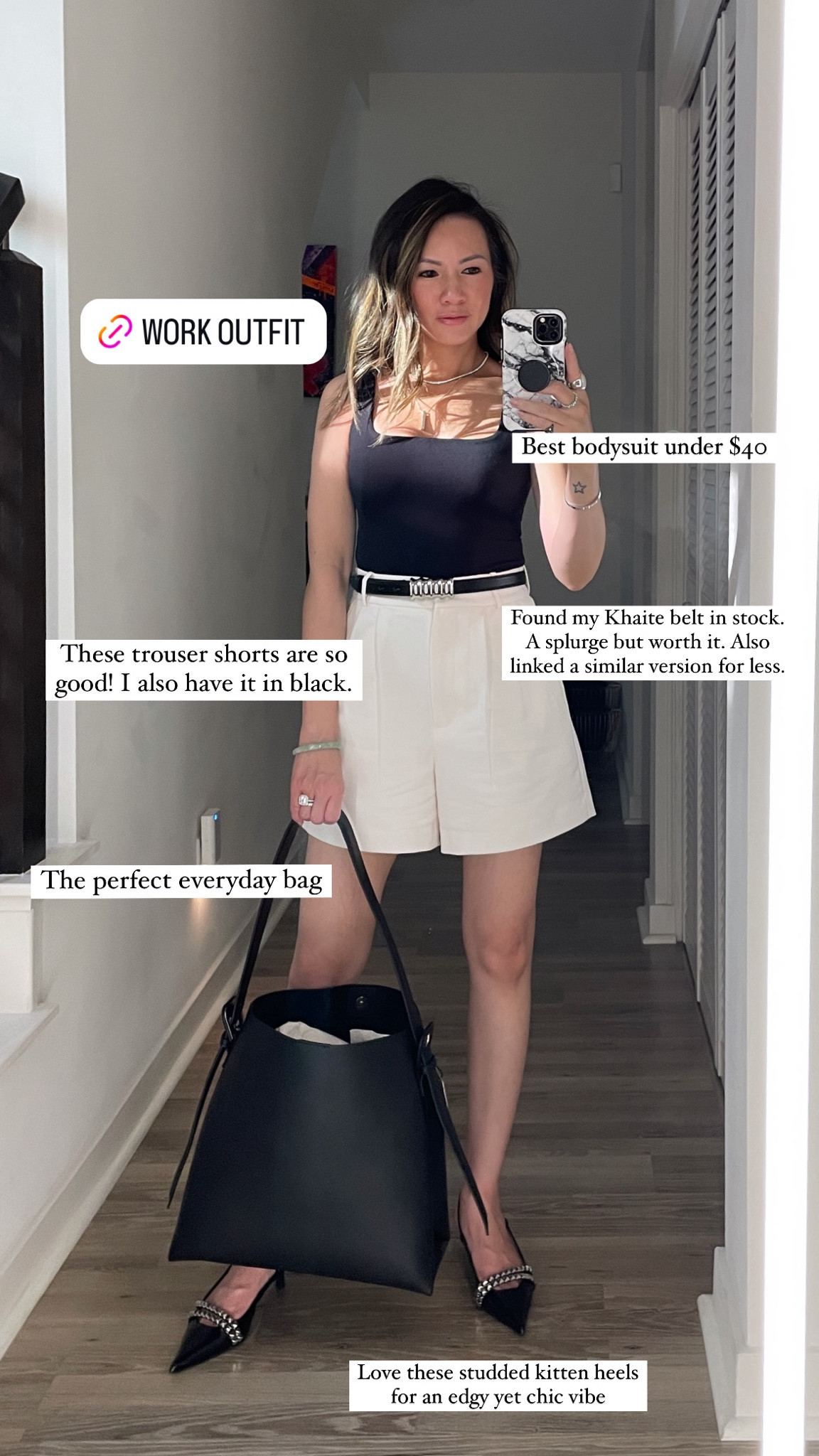 Work outfit ⚡️ These trouser shorts are so good! Styled with one of my favorite bodysuits. I’m obsessed with the studded kitten heels that are on major sale right now!

Summer outfit, work outfit, workwear, off duty chic, chic outfit, bodysuit, shorts, silver necklace, sunglasses, Khaite belt, tote, tote bag, Abercrombie, The Stylizt 



#LTKxAF #LTKFindsUnder100 #LTKFindsUnder50