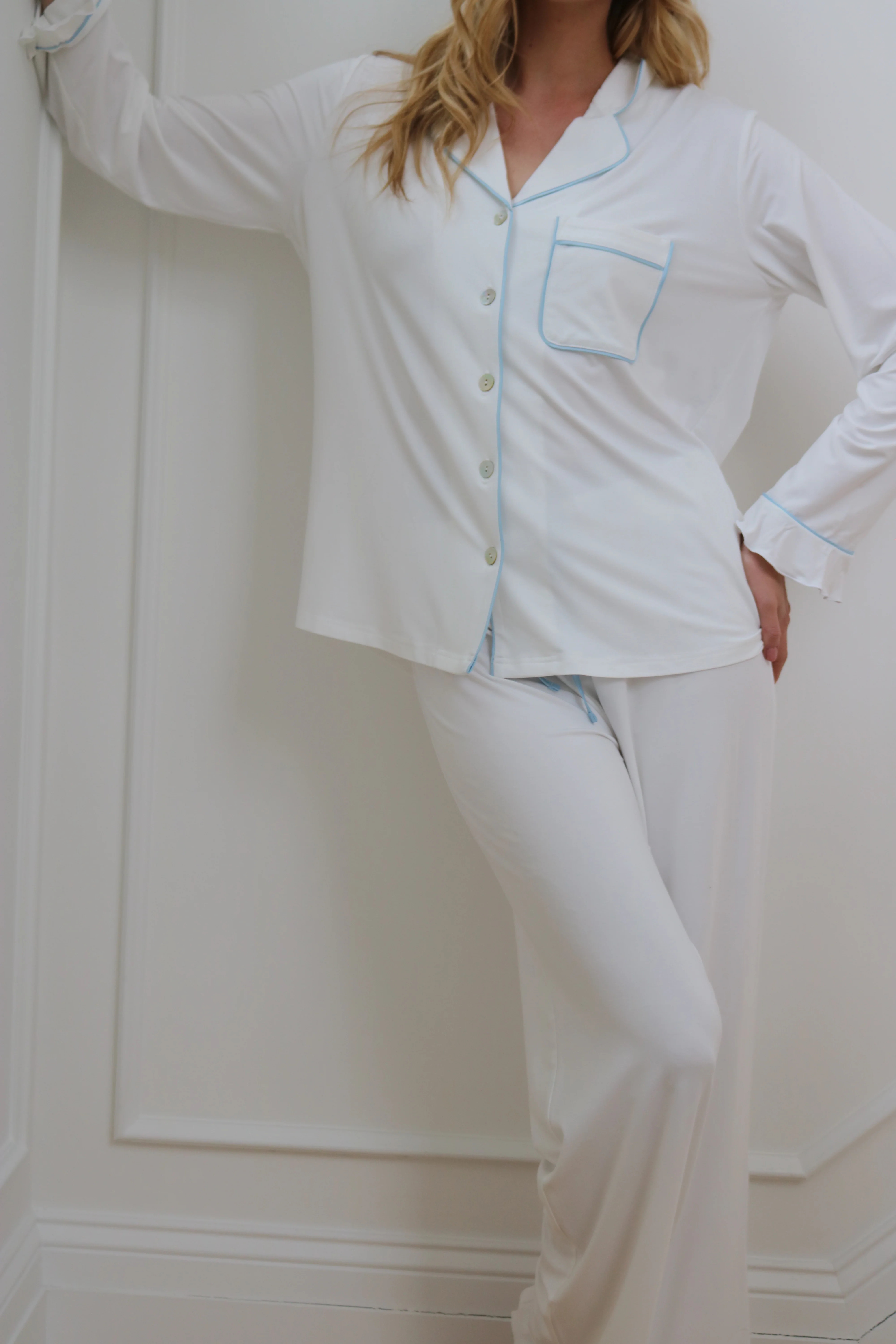Ruffle Bamboo Pajama Bridal Pant Set Sky Trim | waverles