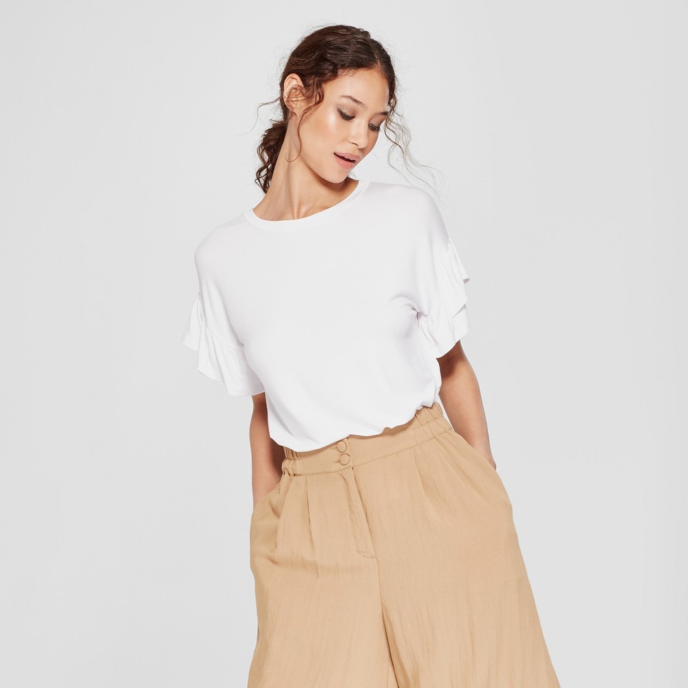 Women's Double Ruffle Short Sleeve Top - Alison Andrews White M | Target