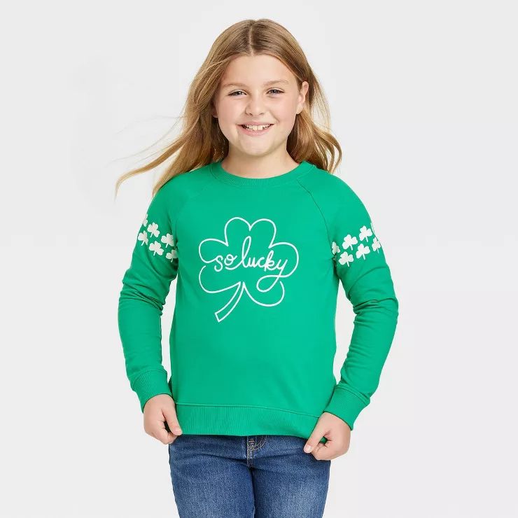 Girls' 'So Lucky' Pullover Sweatshirt - Cat & Jack™ Bright Green | Target