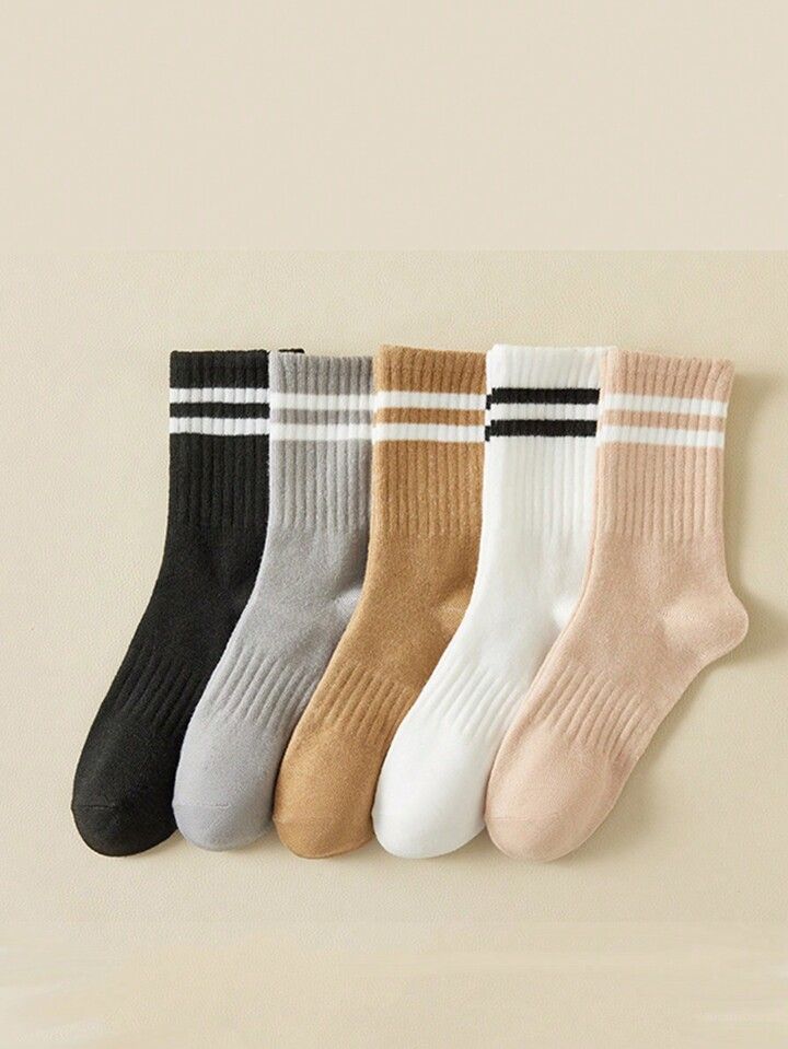 5pairs Women's Solid Color Casual Striped Breathable Moisture Wicking Anti-Slip Mid Calf Socks Fo... | SHEIN
