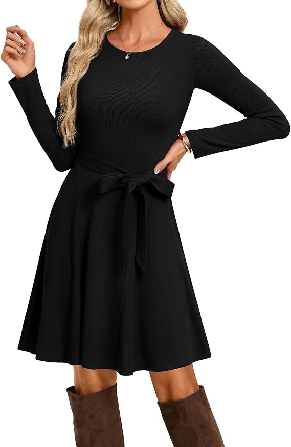 GRACE KARIN Women's 2026 Fall Long Sleeve Ribbed Mini Dresses with Belt | Sweater Dresses For Win... | Amazon (US)