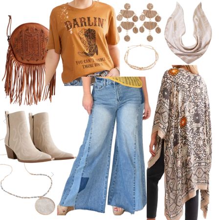Boho western style. Kimono paired with mustard graphic, fringe crossbody, and ankle boots!! LORI20 to save on the wide leg denim!