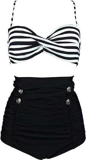 COCOSHIP Retro Polka Dot Twisted Front High Waisted Bikini Set Tie Belt Vintage Ruched Swimsuit(F... | Amazon (US)
