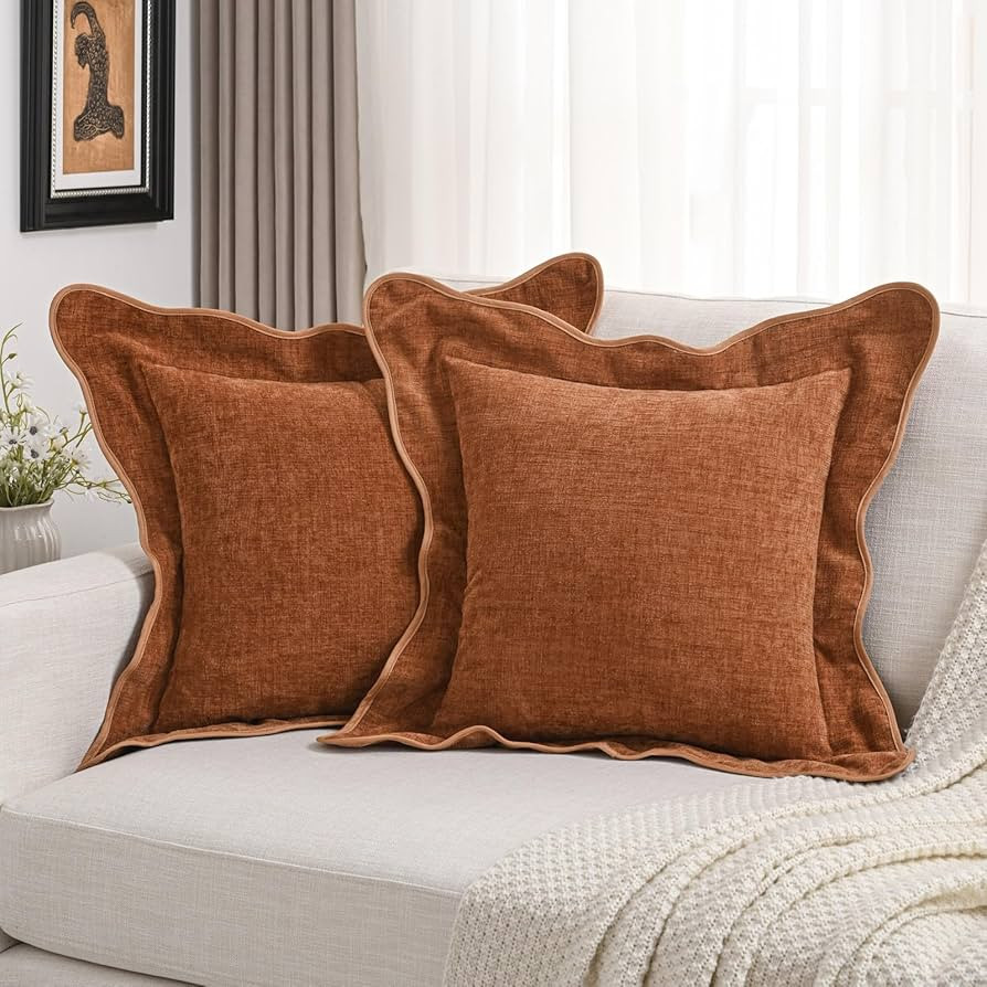 FUTEI Rust Chenille Throw Pillow Covers 20x20 Inch Set of 2,Double Stitch Scalloped Bordered Soft... | Amazon (US)