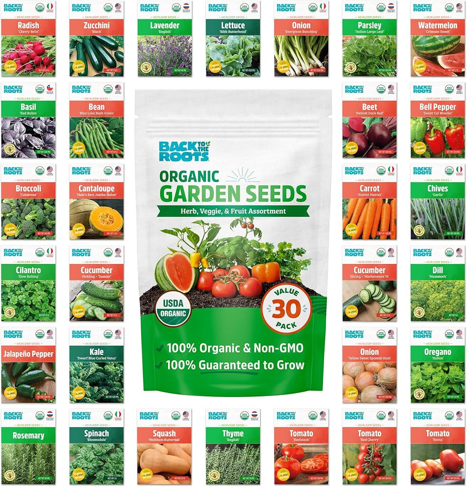 Back to the Roots Heirloom Organic, Non-GMO & USA Grown Seeds, 30ct Herb, Fruit, and Veggies, Ass... | Amazon (US)