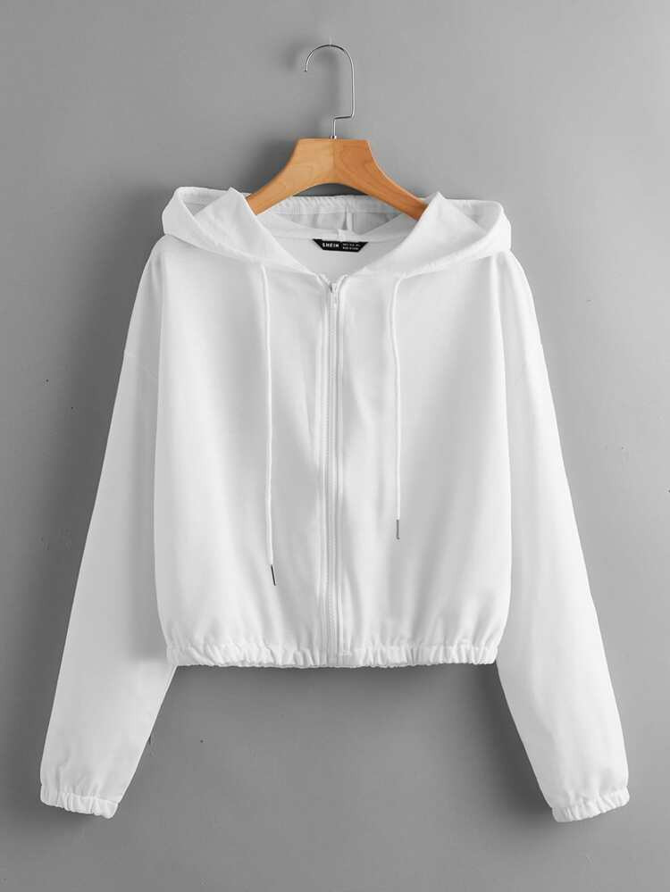 Zip Up Drop Shoulder Drawstring Hoodie | SHEIN