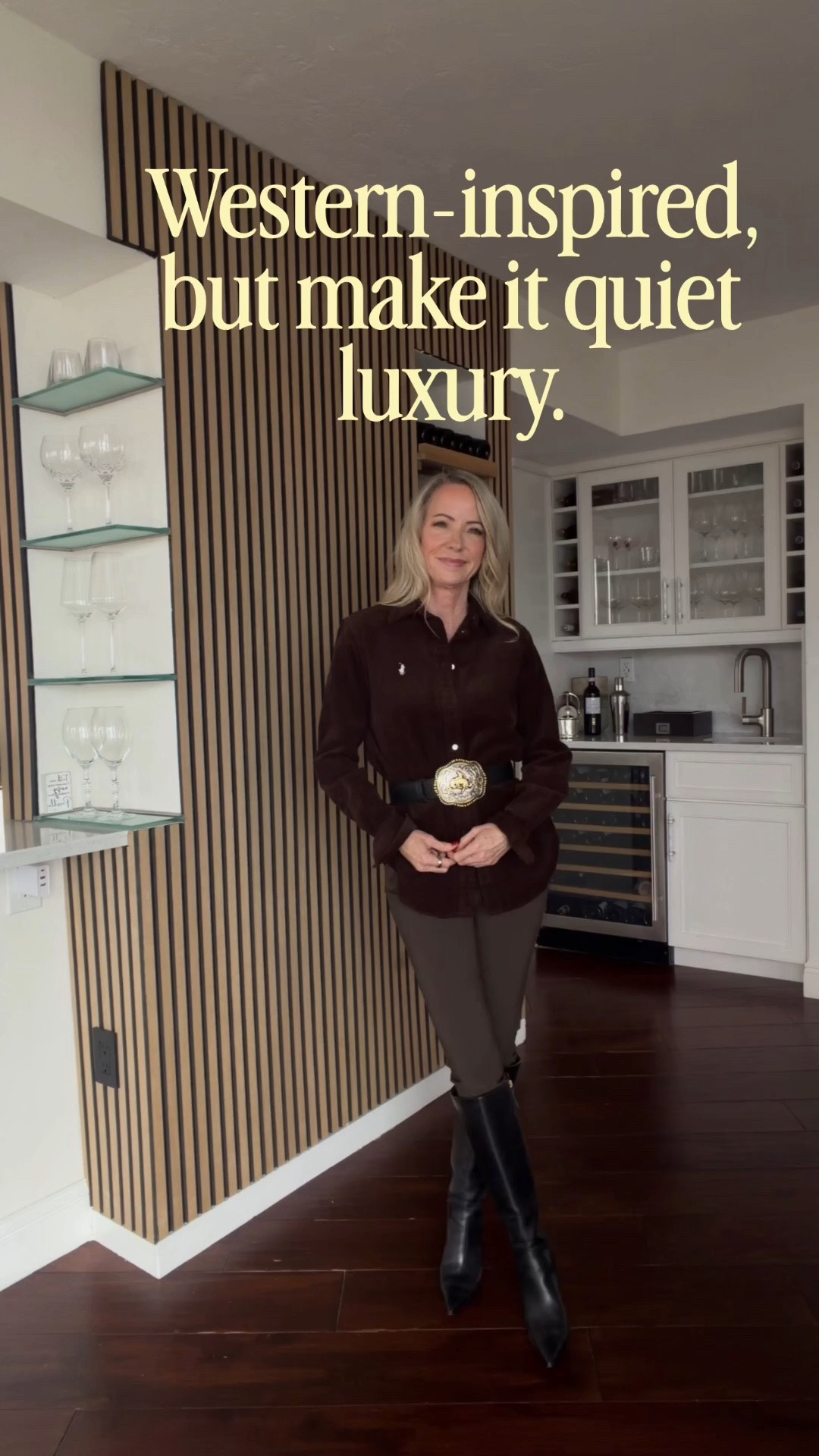 Western style is sophisticated, and this look proves it! Rich chocolate brown, a classic button-down, a statement buckle belt, and sleek knee-high boots create a polished, elevated take on western-inspired fall fashion. Timeless pieces with just the right amount of edge. Effortless style at 58!

#WesternChic #FallStyle #StyleOver50 #QuietLuxury #FallOutfits