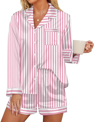 Ekouaer Satin Pajama Set for Women Button Down Pj Set Long Sleeve Top and Shorts 2 Piece Loungewear Summer Soft Sleepwear Pink Stripes | Amazon (US)