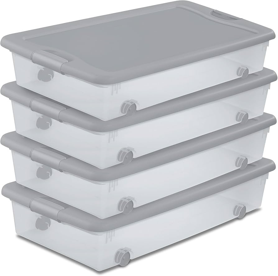 Sterilite 4 Pack Wheeled Under Bed Storage Container, 56 Qt Plastic Bin with Latching Lid for Org... | Amazon (US)