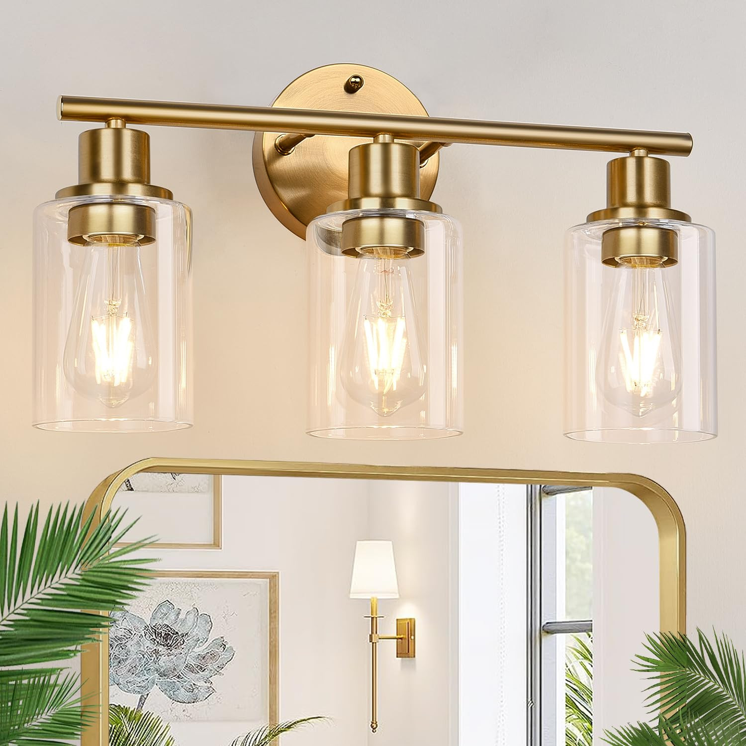 3-Light Gold Bathroom Light Fixtures, Modern Bathroom Vanity Light with Clear Glass Shade, Brushe... | Amazon (US)