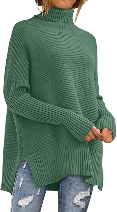 ANRABESS Womens 2023 Trendy Sweaters Oversized Turtleneck Long Batwing Sleeve Split Hem Pullover ... | Amazon (US)