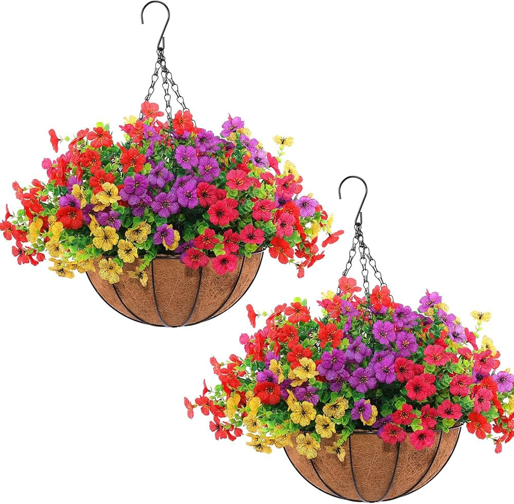 Hananona 2 Set Artificial Outdoor Flowers with Hanging Basket, 2 Hanging Planters with 24 Pcs Flo... | Amazon (US)