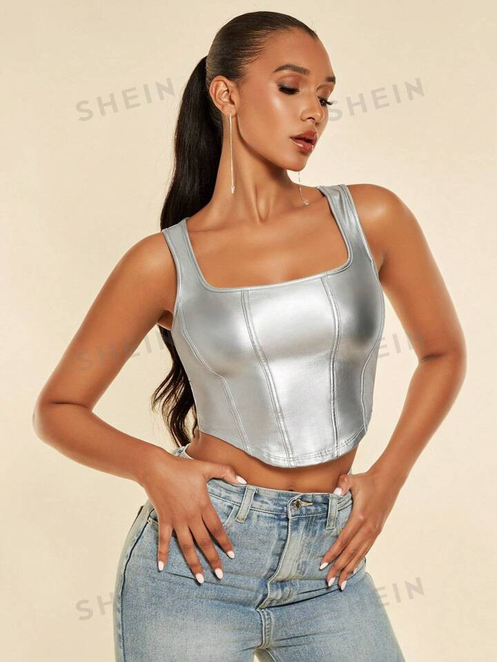 SHEIN BAE Square Neck Asymmetrical Hem PU Leather Tank Top | SHEIN