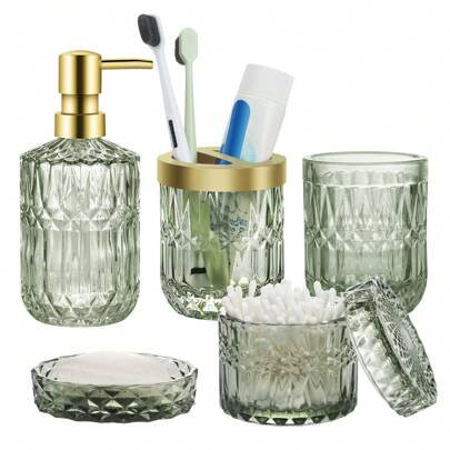 Bathroom Accessories Set, 5Pcs Green Bathroom Accessories Set, Glass Bathroom Accessories Set With Green Soap Dispenser, Soap Dish, Toothbrush Holder, | SHEIN