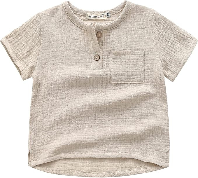 Ashmyova Boys Cotton Linen Shirt Toddler Boys Pocket Button Short Sleeve T Shirt Tees Tops | Amazon (US)