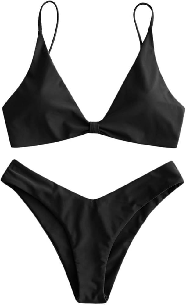 ZAFUL Women's Tie Knot Front Black Bikini 2024 Black Swimsuit Black Bathing Suit Amazon Bikinis 2024 | Amazon (US)
