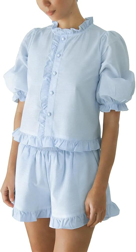 Women's Ruffle Short Set Puff Sleeve Button Down 2 Piece Outfits | Amazon (US)
