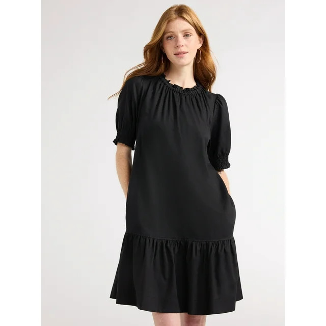 Free Assembly Women’s Ruffle Mini Dress with Puff Sleeves, Black, Sizes XS-XXL | Walmart (US)