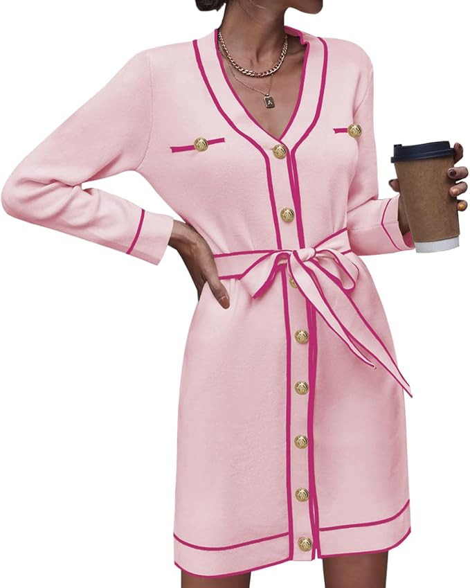 Pink Queen Women's Long Sleeve Button Down Sweater Dress Elegant V Neck Open Front Color Block Kn... | Amazon (US)