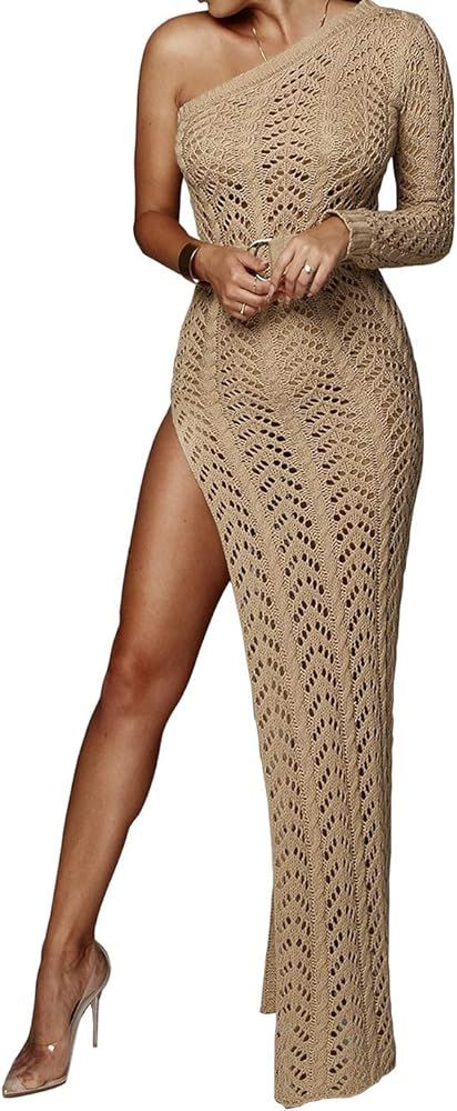 Womens Sexy Off Shoulder Long Sleeve Hollow Out High Split Knit Dress Beach Pencil Party Maxi Dre... | Amazon (US)