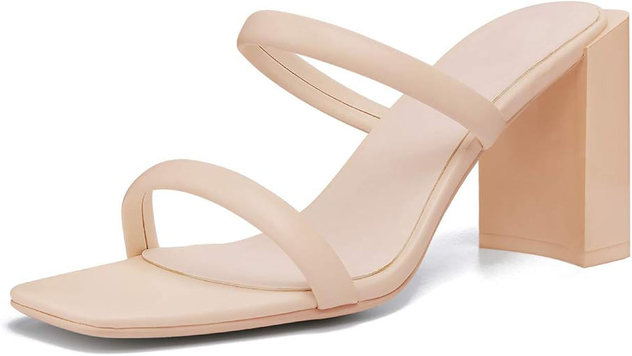 YKB Women's Chunky High Heel Thin Dual Straps Slide Sandals Open Toe Casual Sandals | Amazon (US)