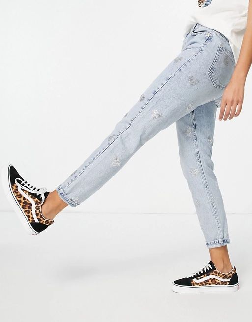 Topshop Mom jean with diamante hearts in bleach | ASOS (Global)