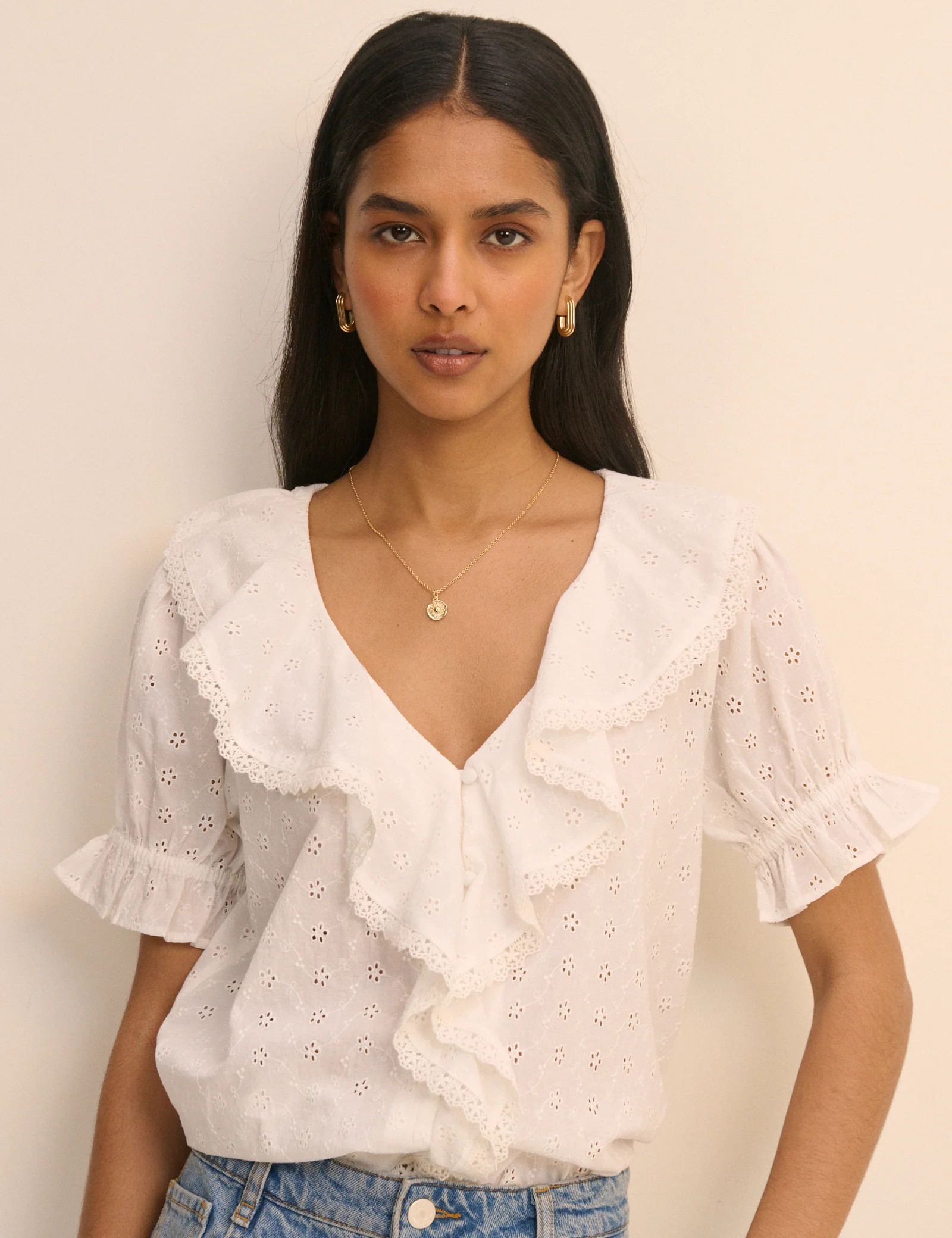 White Floral Broderie Ruffle Trim Top | Nobody's Child