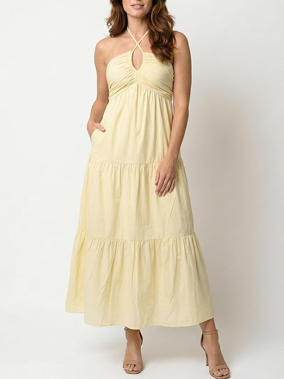 Amazon.com: AmySister Women's Casual Summer Sleeveless Halter Tiered Beach Midi Dress with Pocket... | Amazon (US)