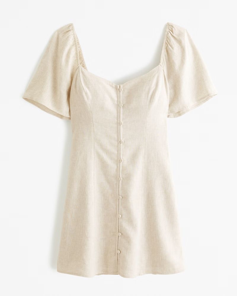 Angel Sleeve Linen-Blend Button-Through Mini Dress | Abercrombie & Fitch (US)