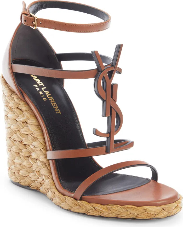 Cassandra YSL Logo Raffia Wedge Sandal | Nordstrom