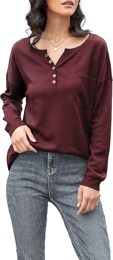 Iandroiy Womens Long Sleeve V-Neck Button Causal Tops Blouse T Shirt Waffle Knit Tunic Tops | Amazon (US)