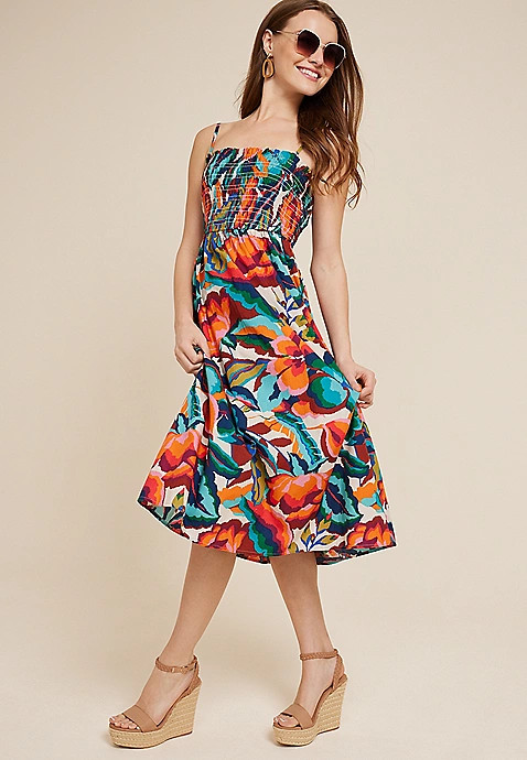 Floral Smocked Poplin Midi Dress | Maurices