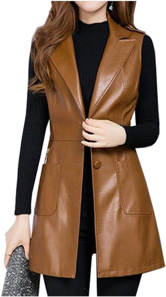 SCOFEEL Womens PU Faux Leather Long Cardigan Vest Casual Open Front Sleeveless Blazer Trench Coat... | Amazon (US)