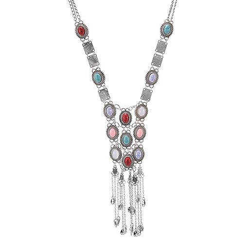 COLORFUL BLING Boho Turquoise African Bib Necklace Collar Vintage Tribal Tassel Statement Y Shaped Necklace Bohemian Geometric Gypsy Jewelry for Women-silver | Amazon (US)