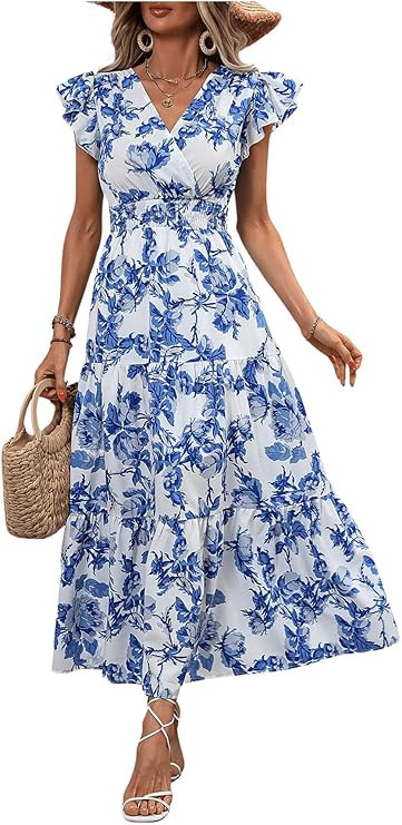 Milumia Summer Flowy Bohemian Dresses for Women 2024 Boho Floral V Neck Ruffle Hem Maxi Dress | Amazon (US)