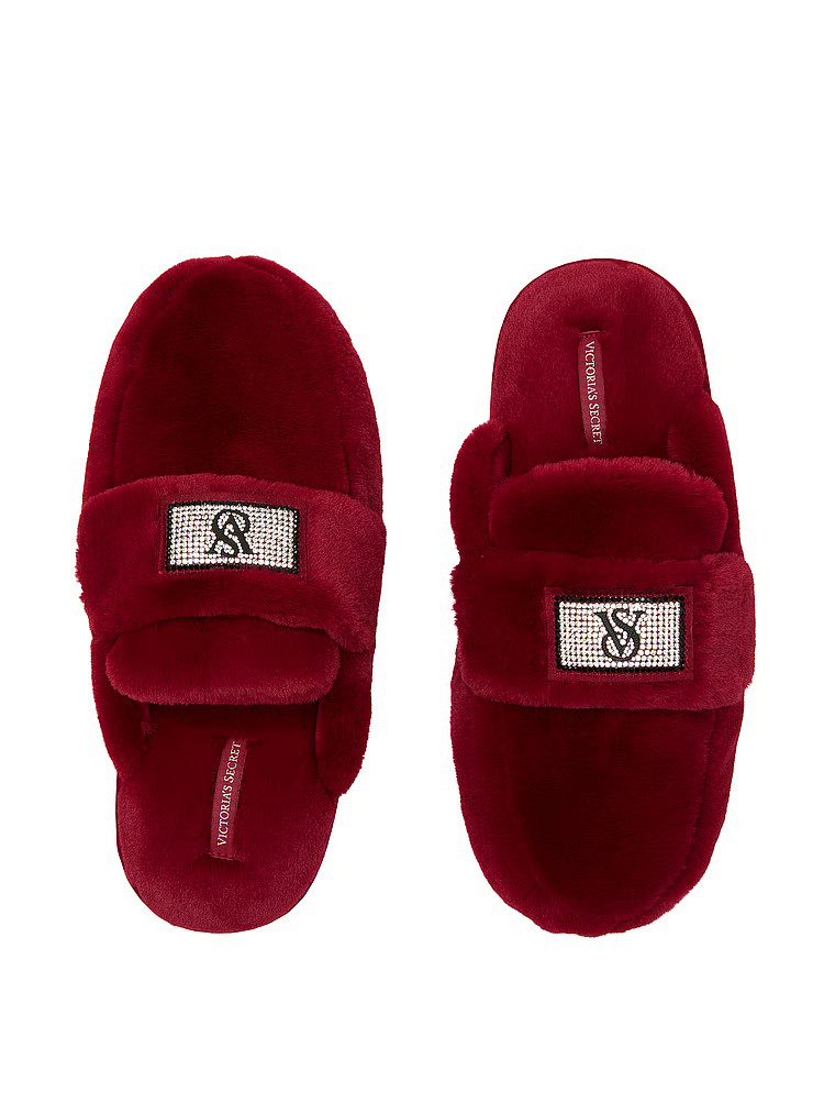 Buy Luxe Plush Shine Patch Slide Slippers, Red Lacquer - Order Slippers online - Victoria's Secre... | Victoria's Secret (US / CA )