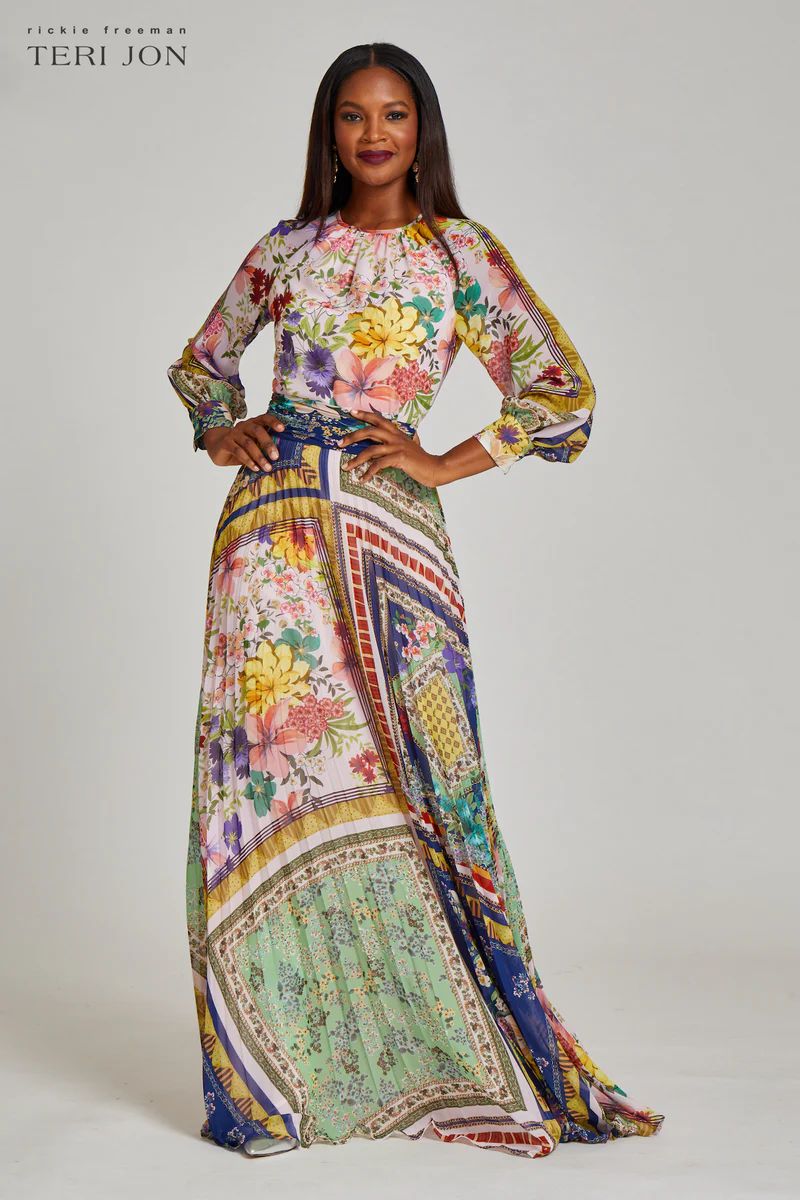 Print Chiffon Pleat Skirt Maxi Gown | TERIJON