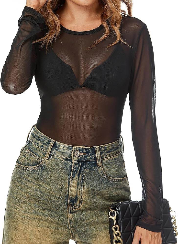 AKEWEI Womens Mesh Long Sleeve Tops Crew Neck Sexy See Through Tee Shirts Party Club Night Lace B... | Amazon (US)