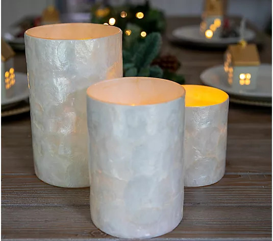 Set of 3 Capiz Hurricanes with LED Candles by Lauren McBride - QVC.com | QVC