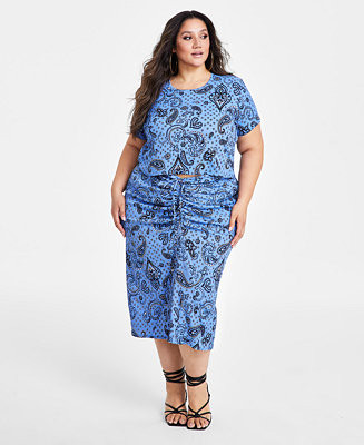 Nina Parker Plus Size Textured Paisley-Print Drawstring-Ruched Skirt - Macy's | Macy's