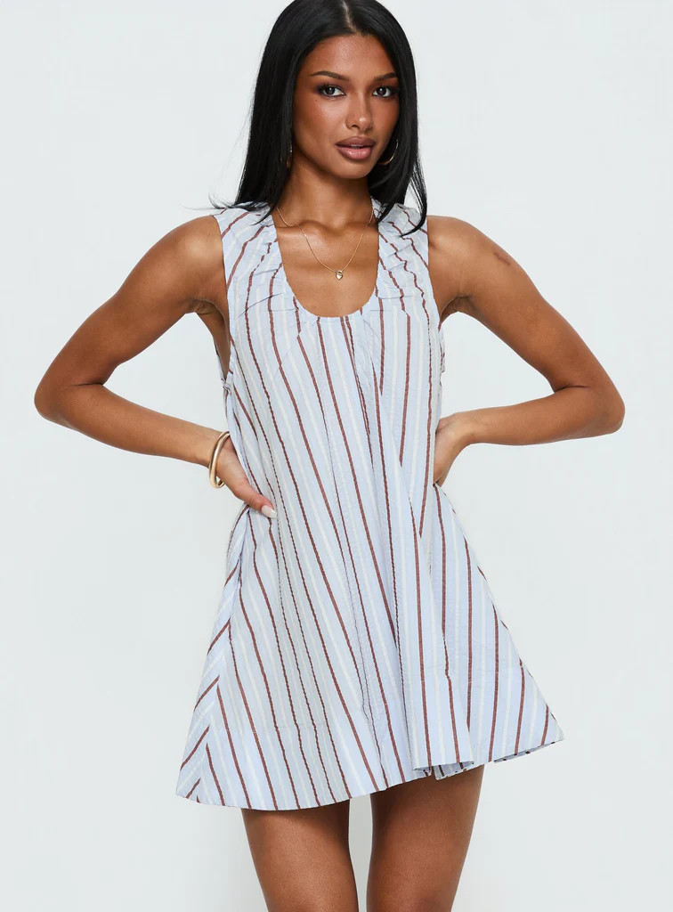 Eberta Ruched Baby Doll Mini Dress Blue Stripe | Princess Polly US